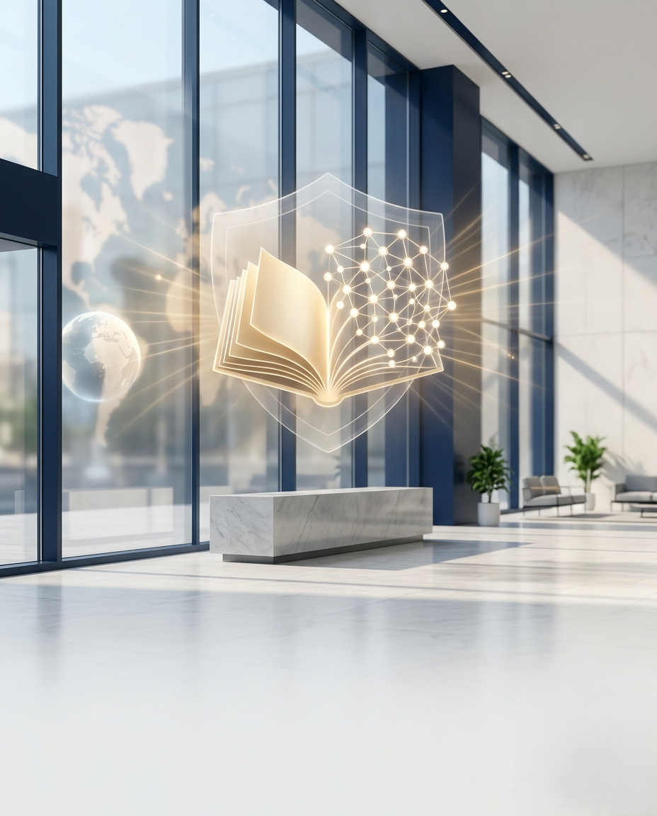 A glowing, translucent symbol of an open book and shield, representing legal protection and technological innovation at the IALP, floating in a modern lobby with a global map background.
